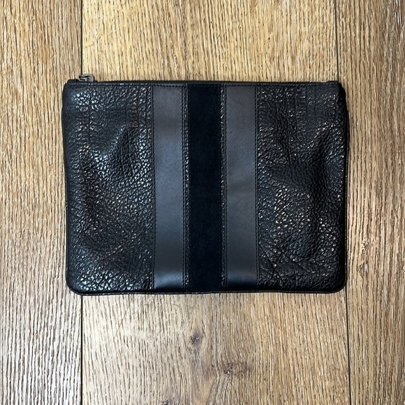 Coach Black Pebbled Leather Medium Pouch with Varsity Strip - Picture 1 of 10